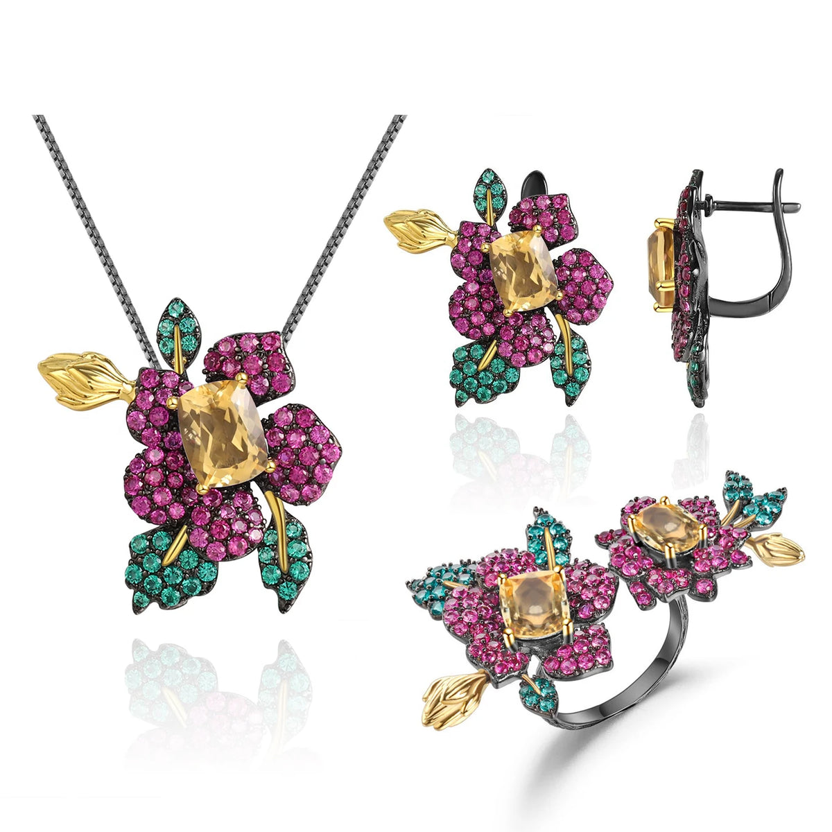 ArtistA Abiding OEM ODM Two Tone 925 Silver Jewelry Set Natural Citrine Gemstone Leaf Bud Flower Adjustable Ring Earrings Brooch Pendant