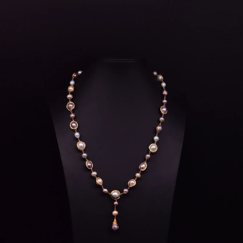 Naatura Fresh Water Multicolor Baroque Pearl Long Necklace for Engagement Mothers Day Women Handmade Jewelry