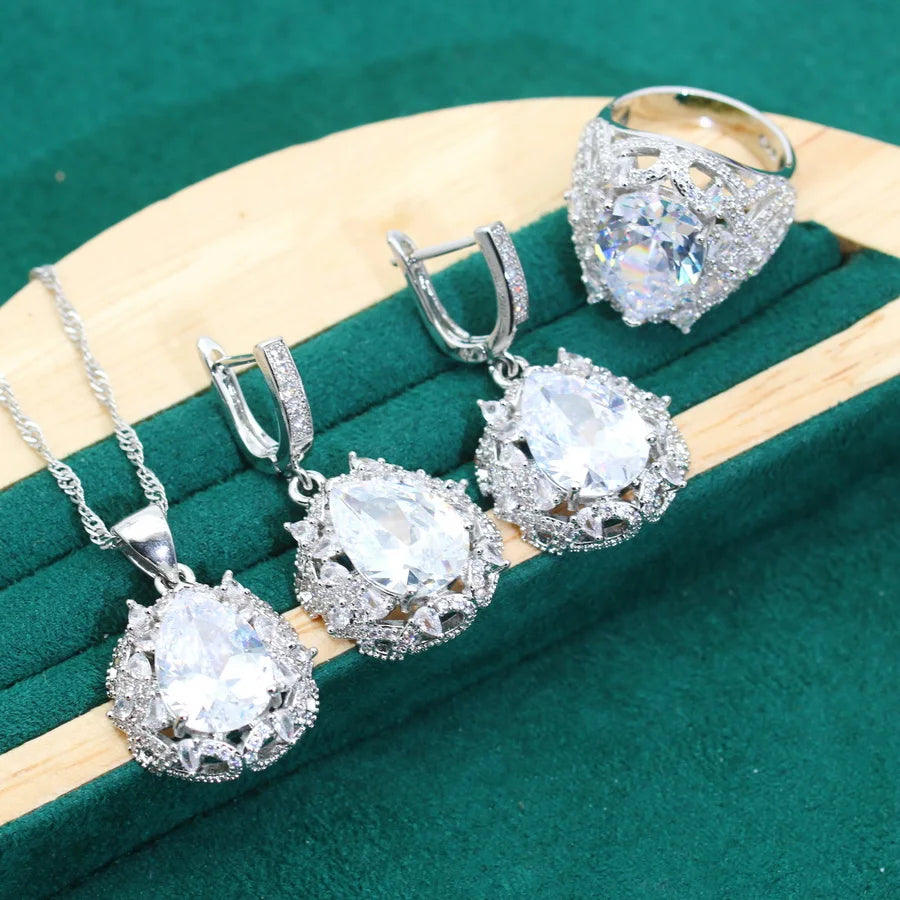 XOTICA AAA 925 Silver Women's Jewelry Set with Zircon Wedding Earrings Necklace Pendant Ring Bracelet for Bridal Dating Party