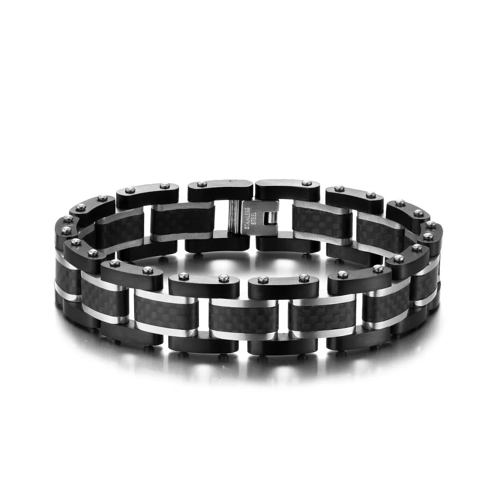 REBEL Men's Trendy Carbon Fiber & Stainless Steel Chain & Link Geometric Bracelet Black/Blue Zinc Plated Party Jewelry Model AS-SL-003