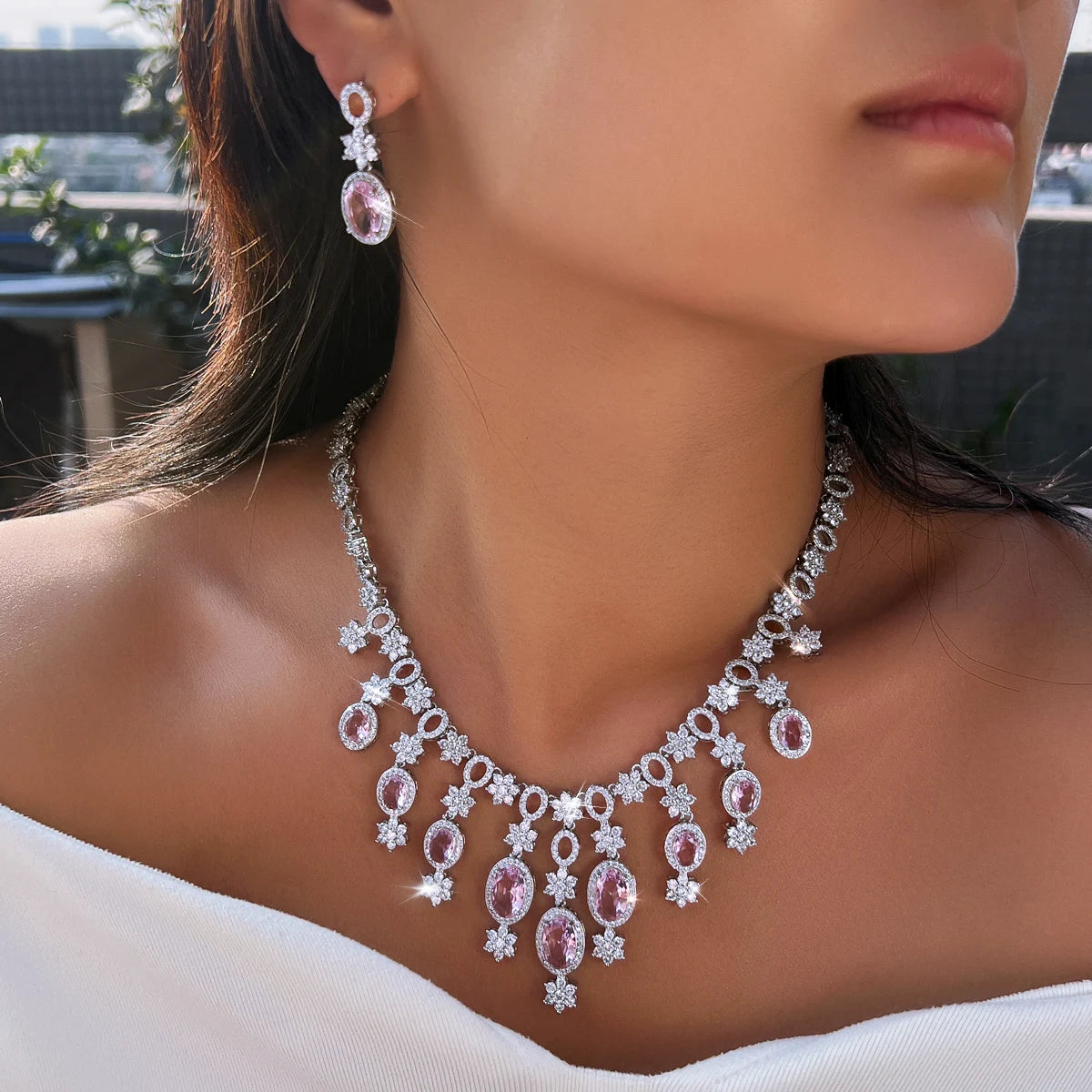 Flower Oval Cut Pink Cubic Zircon Tassel Necklace Earrings Luxury Wedding Engagement Jewelry Set for Women Birthday's Gifts