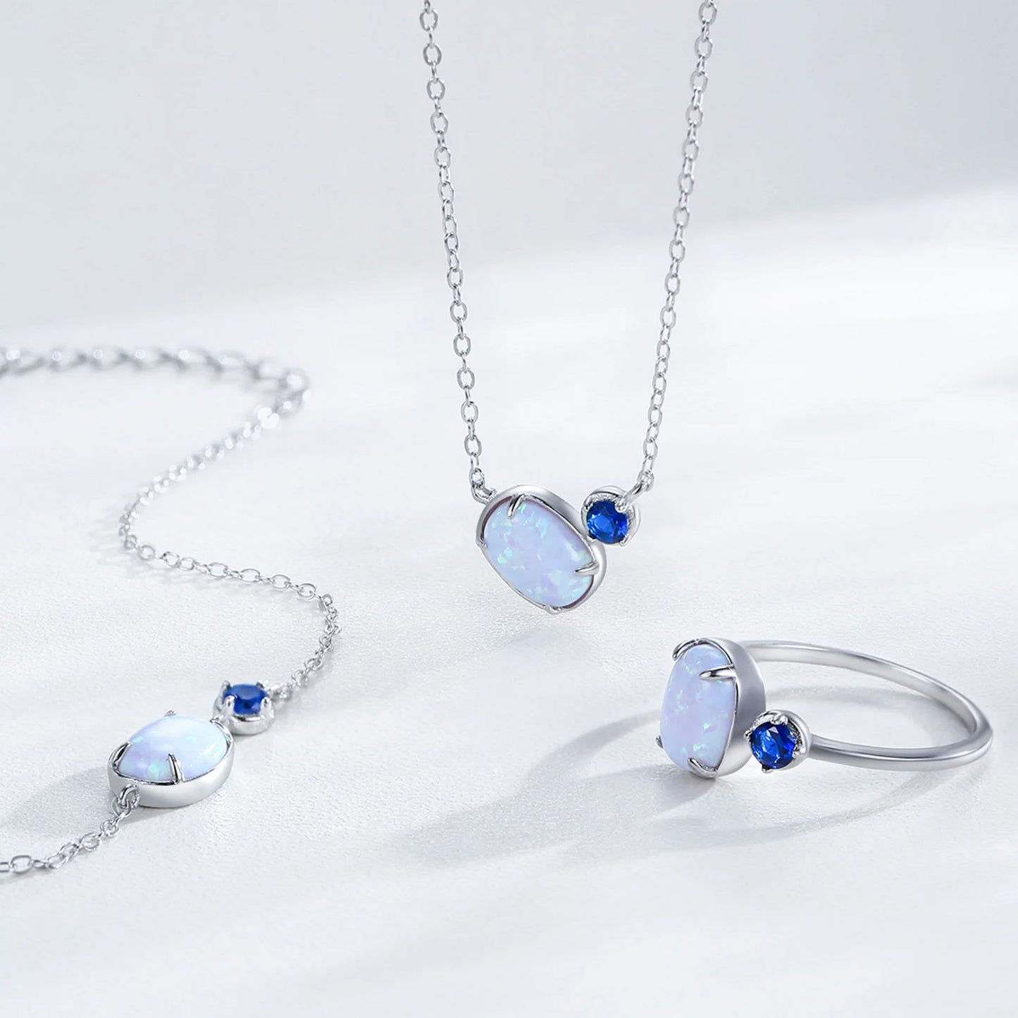 925 Sterling Silver Opal Stone Ring Bracelet Necklace Fashion Temperament Three Piece Blue Jewelry Set Gift Set