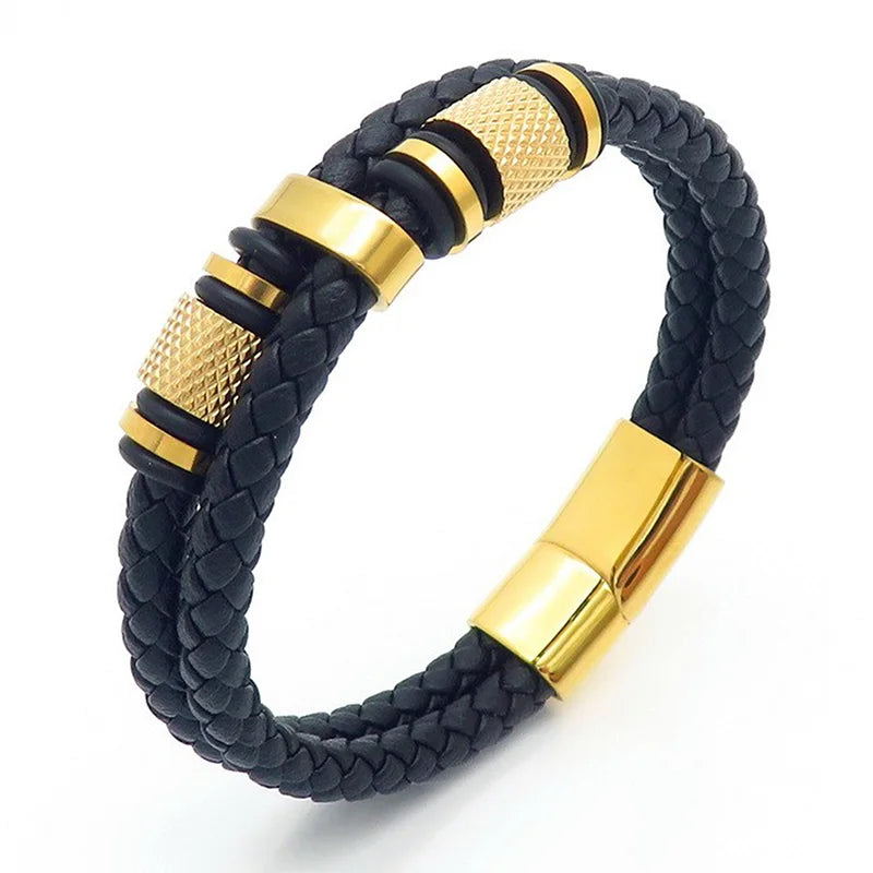 KALEN 210mm Men Vintage Multiple Style Stainless Steel&Cowhide Leather Bracelets