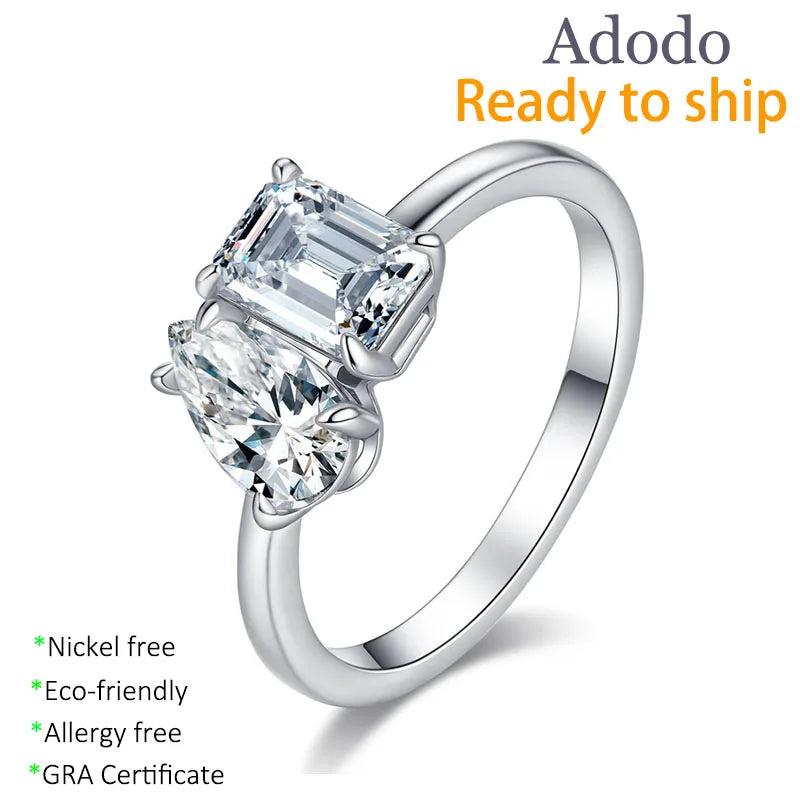 ArtistA Fancy Cut Full Moissanite Jewelry S925 Silver PT950 Platinum Plated Emerald & Pear Cut Two Diamonds VVS GRA Moissanite Rings