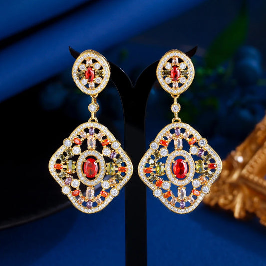 S&S CZ Dubai Gold Geometric Dangle Drop Earrings – Oval Cut – 18K Gold Plated – Collection