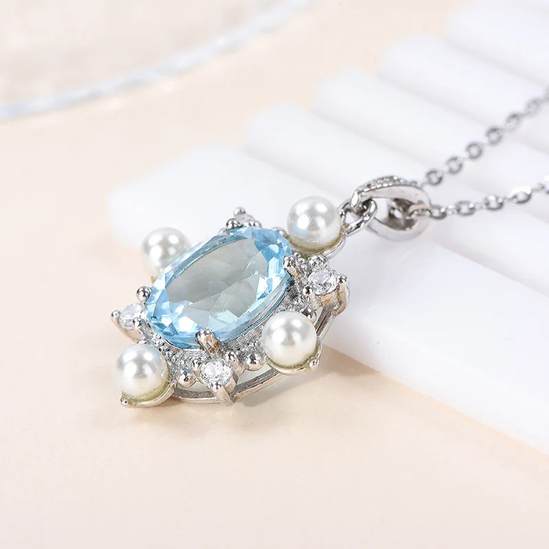 Gioiellieri Fashion Sky Blue Topaz Pendant Necklace Women 925 Sterling Silver Rhodium Plated Chain Zircon Natural Stone Jewelry