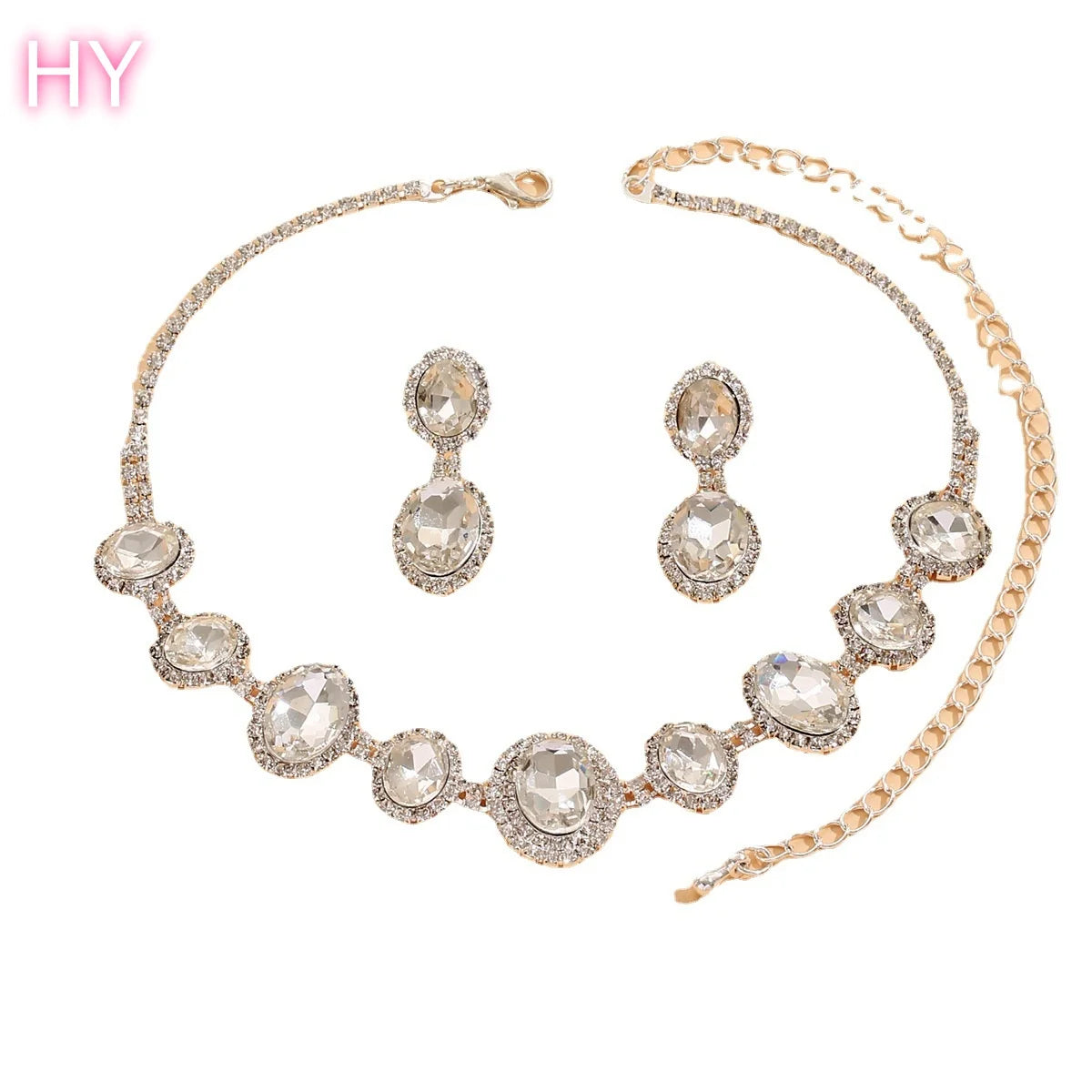 HY New Bright Fully-Jeweled Crystal Rhinestone Necklace Eardrops Set Bride Wedding Jewelry Simple Graceful All-Match Suit