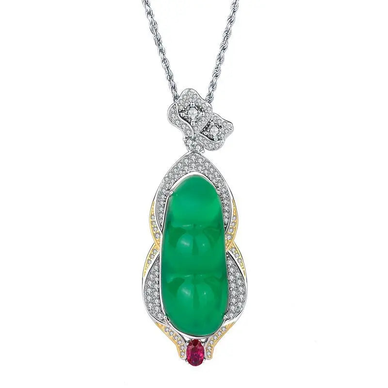 REDheart Inlaid Green Chaltony Fudou Brass Necklace with Zircon Flower Shape Pendant Rhodium Plated Women's Jewelry Set