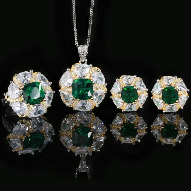 Gemfiori Vintage Fashion Emerald Pendant Earrings Necklace Earrings Ring Set Luxury Women's Ring Crystal Zircon Aesthetic Gift
