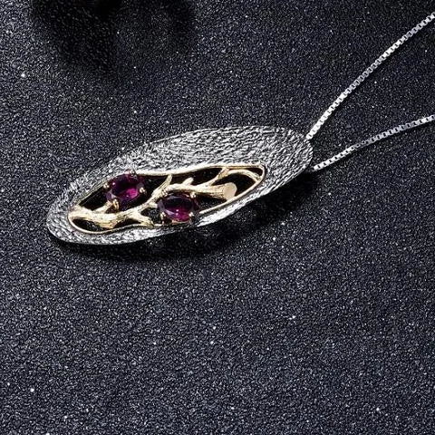 ArtistA Abiding 925 Sterling Silver Gold Plated & Black Gun Plated Handmade Flower Branch Natural Rhodolite Garnet Women Jewelry Set