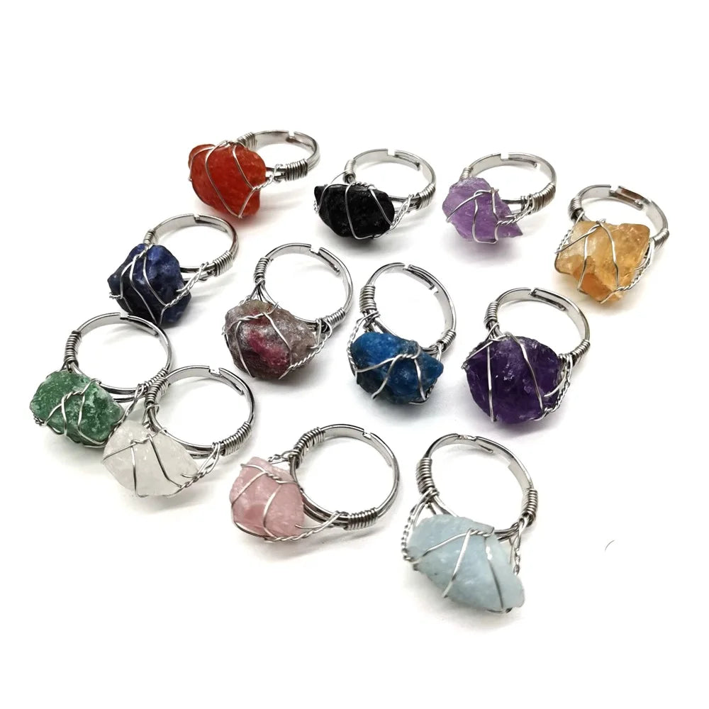 Men Women Large Stone Rings Wire Wrapped Crystal Resizable Gem Ring