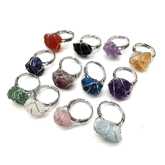 S&S Men Women Large Stone Rings Wire Wrapped Crystal Resizable Gem Ring