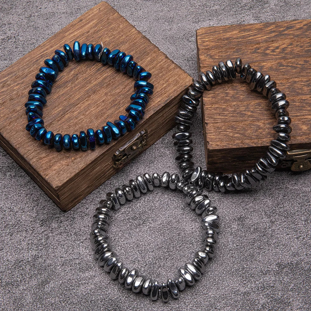 Fashion Magnetic Hematite Bead Bracelet Set Iridescent Blue Silver Tone Energy Healing Jewelry Men Women Gift