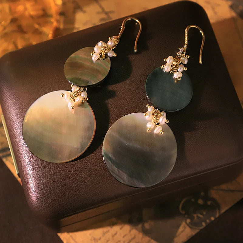 Natural Pearl 2 Pieces Black Shell Pendant Earrings Handmade Design Personality Earrings Banquet Women's Jewelry GE1817B