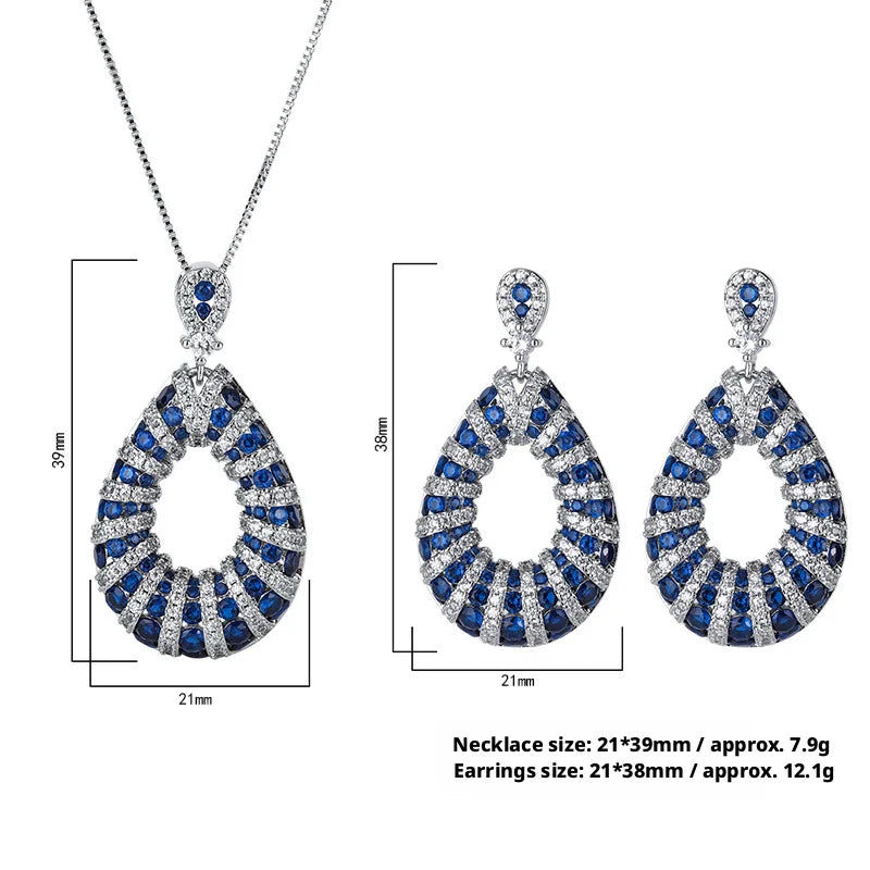 Durable Eco-friendly Brass 12*14mm Blue Zircon Teardrop Necklace and Ear Ring 3PCS Set Elegant Women Jewelry Sets