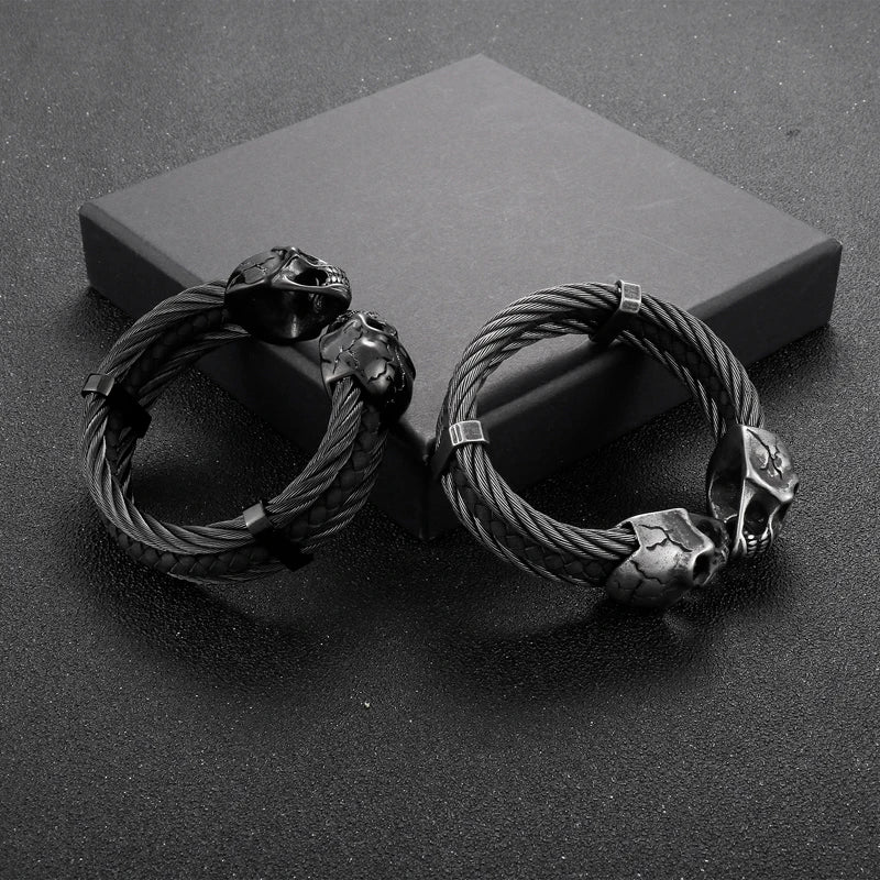 REBEL Punk Silver/Gold/Black/Grey Stainless Steel&Double Skin Skull Cuff Bangle Bracelet