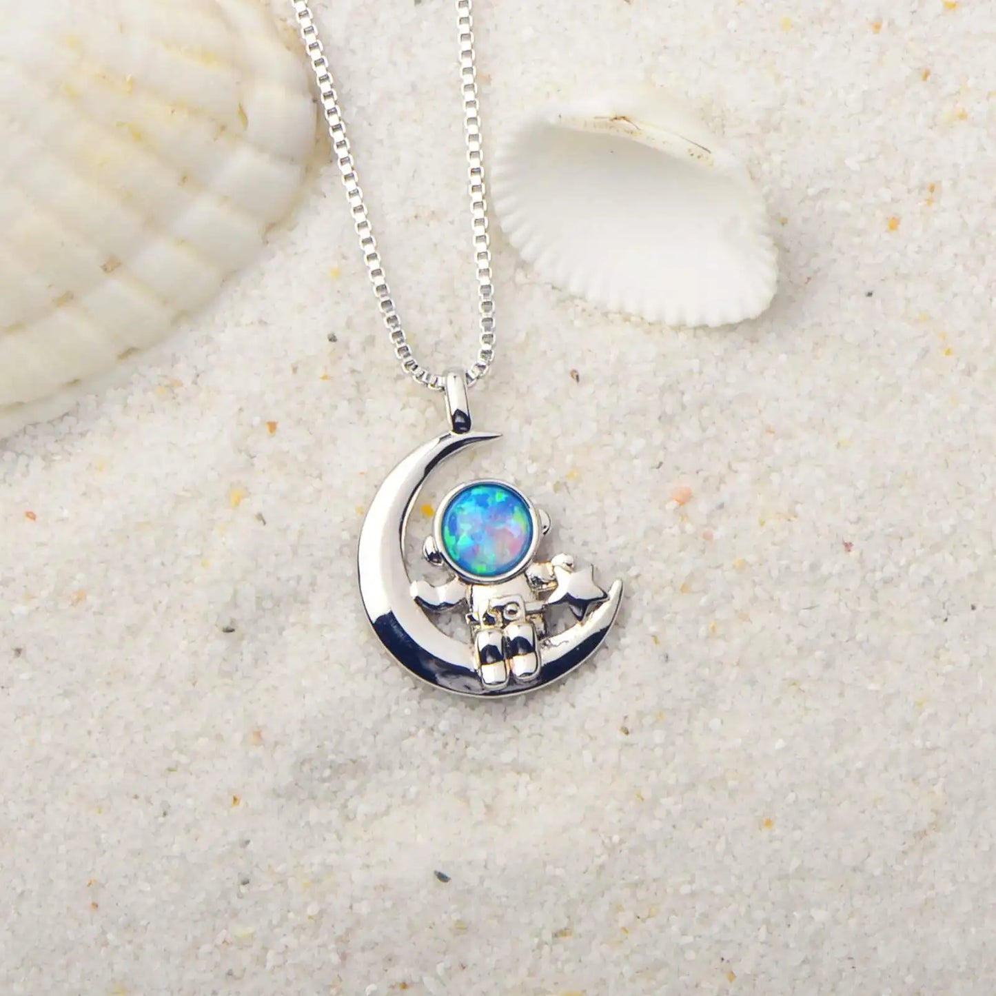 Ins Style Blue Opal Spaceman Necklace - Trendy Nightingale Charm Statement Jewelry Bulk