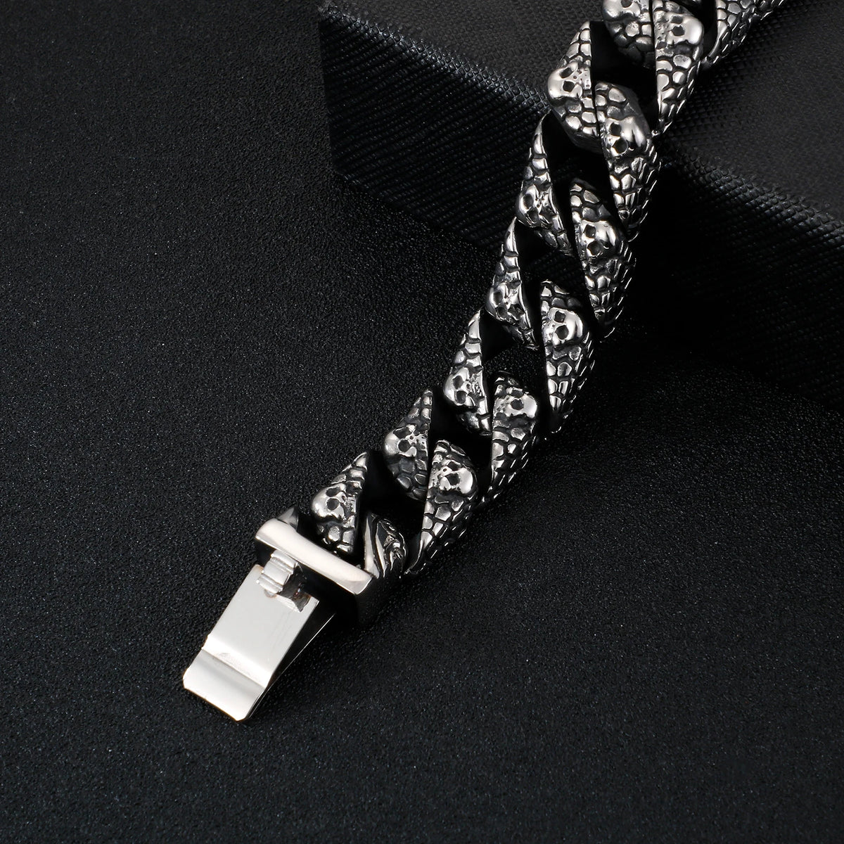 VIKING Mens Punk Skull Skeleton Cuban Link Chain Bracelet – Boiled Black Stainless Steel