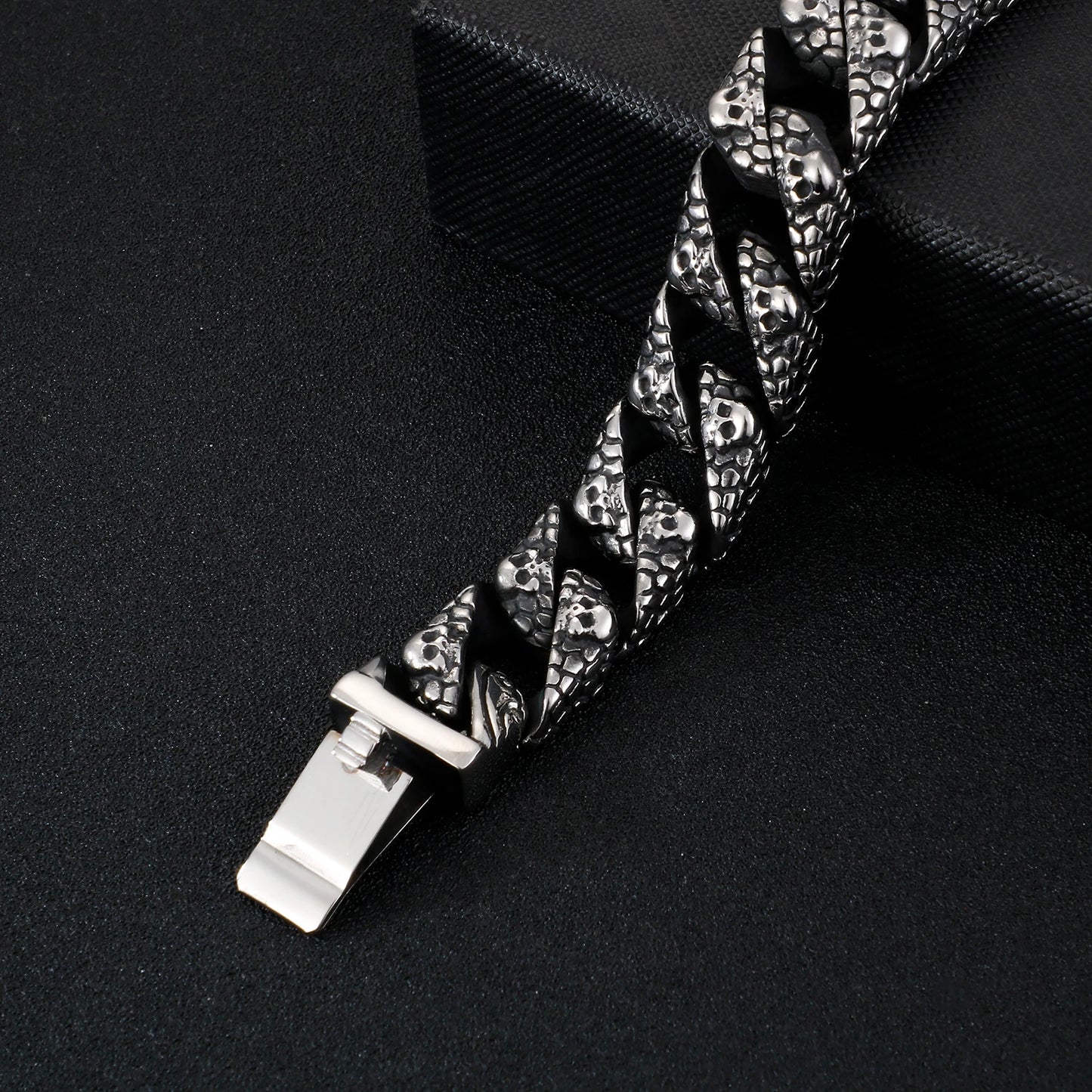 KALEN Europea Punk Mens Relievo Skull Jewelry Skeleton Head Cross Stainless Steel Curb Cuban Link Chain Bracelet for Men