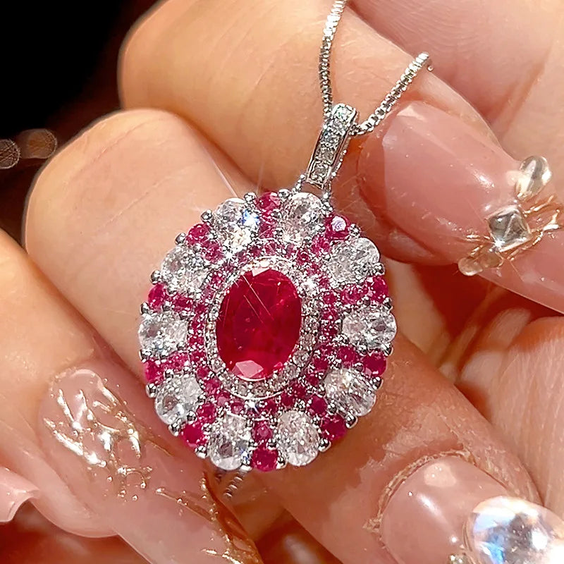 REDheart Women's Fashion Pearl Plated Rhodium/18K Gold Activity Ring Simulation Red Corundum Blue Spinel Egg Texture Pendant Set