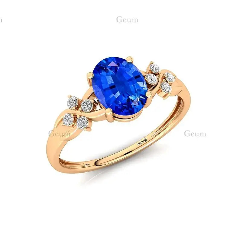 18K Gold Oval Blue Sapphire Gemstone Natural Diamond Halo Solitaire Wedding Ring IGI Certified 0.12Ct 8 Diamonds Rhodium Plated