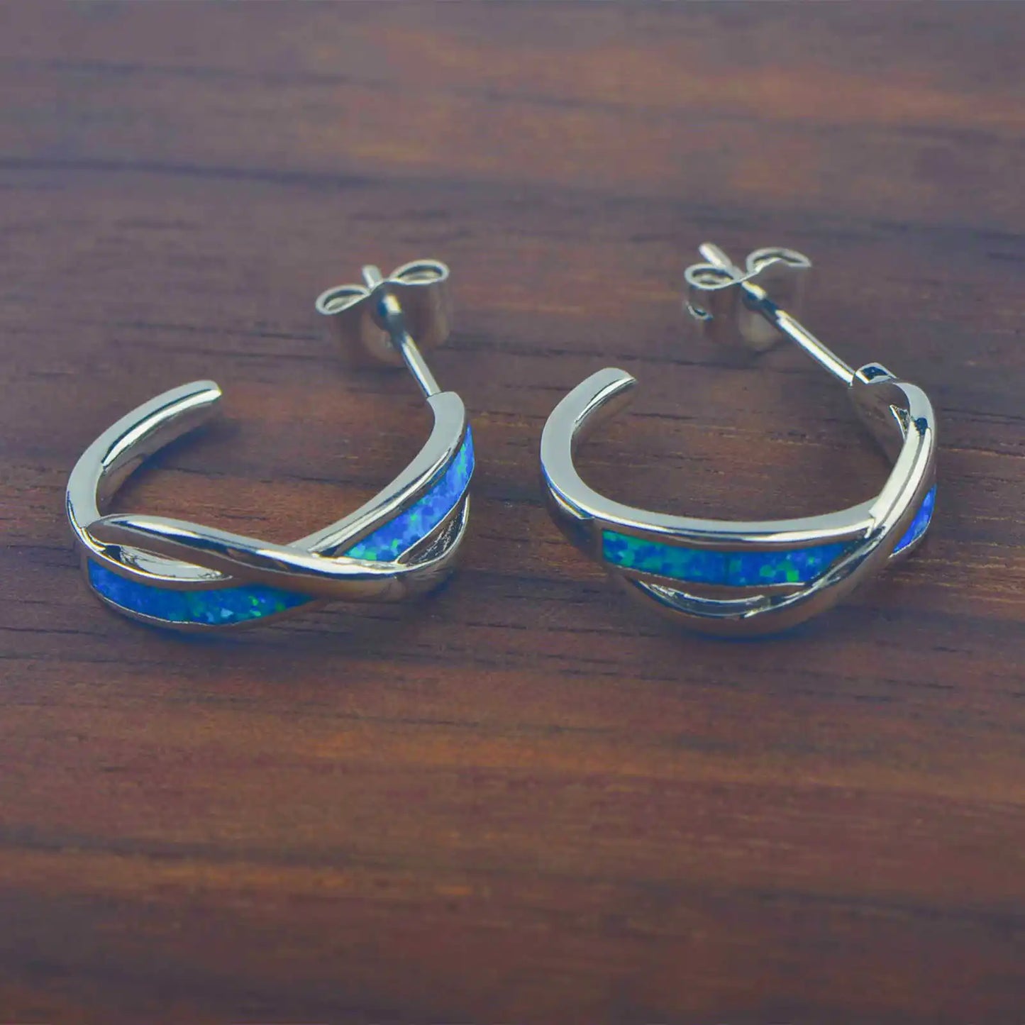 Eternal Twist Opal Huggie Earrings - Blue Fire Opal Inlaid Infinity Design | Minimalist Meaningful Jewelry Bulk Gifts