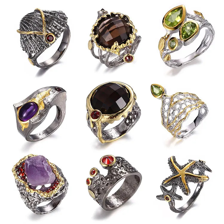 Private Order Gold Plated 925 Sterling Silver Retro Hollow Garnet Ring