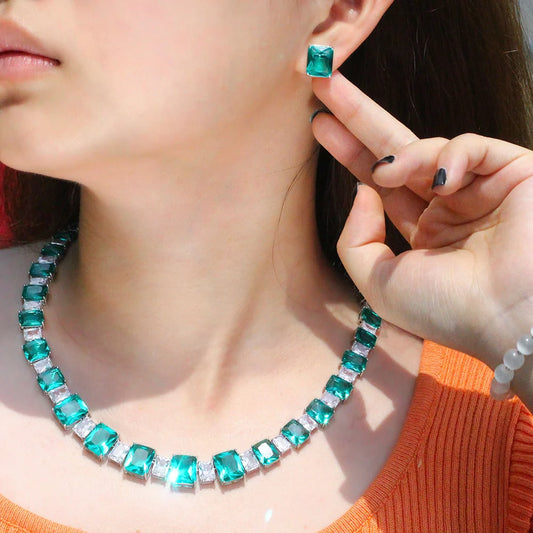 S&S Light Green CZ Square Bridal Jewellery Set – Necklace & Earrings – Collection