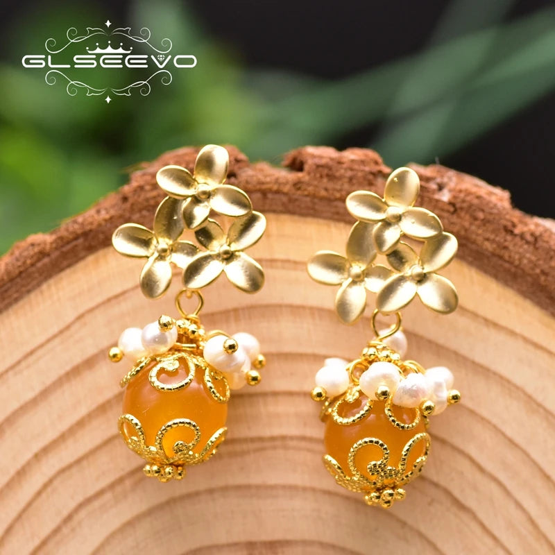 Natural Fresh Water Pearl Petals Shape Jade Drop  Earrings for Women New Fashion Vintage Wedding Yiwu Earrings Bulk Jewelry  "