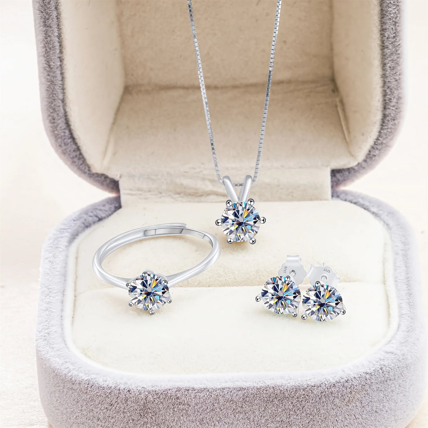 Simple D Color VVS1 GRA 1CT Round Cut Colored Moissanite Jewelry 925 Silver Wedding Ladies Necklace Earrings Ring 3 Piece Sets