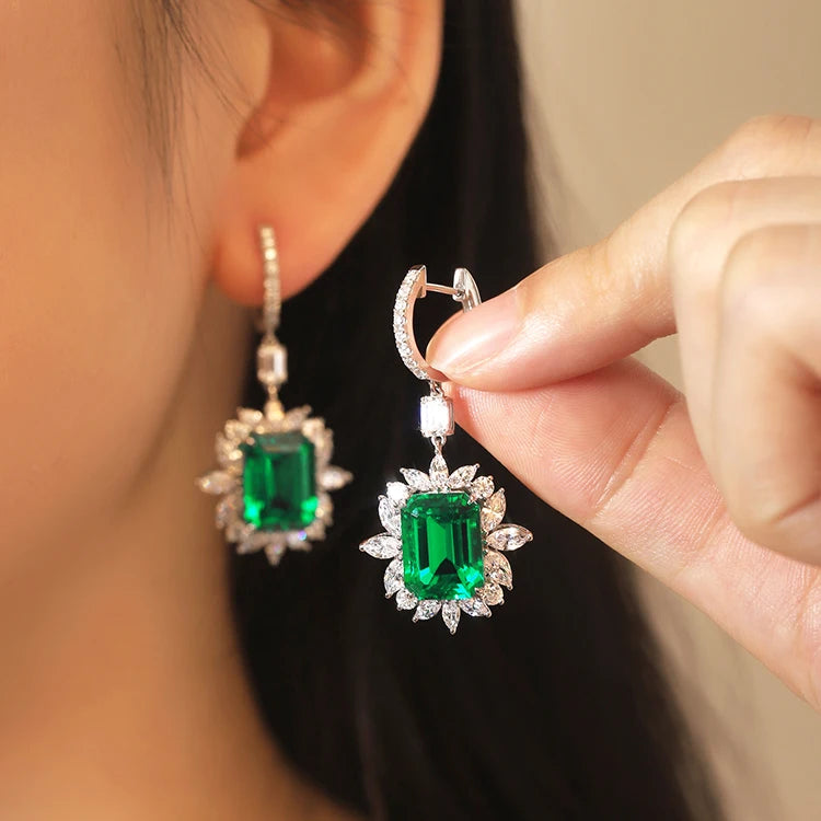 Gemfiori Handmade Vintage High-End K Solid Gold Dangle Drop Earrings Emerald Cut Emerald Statement Studs for Women for Anniversaries