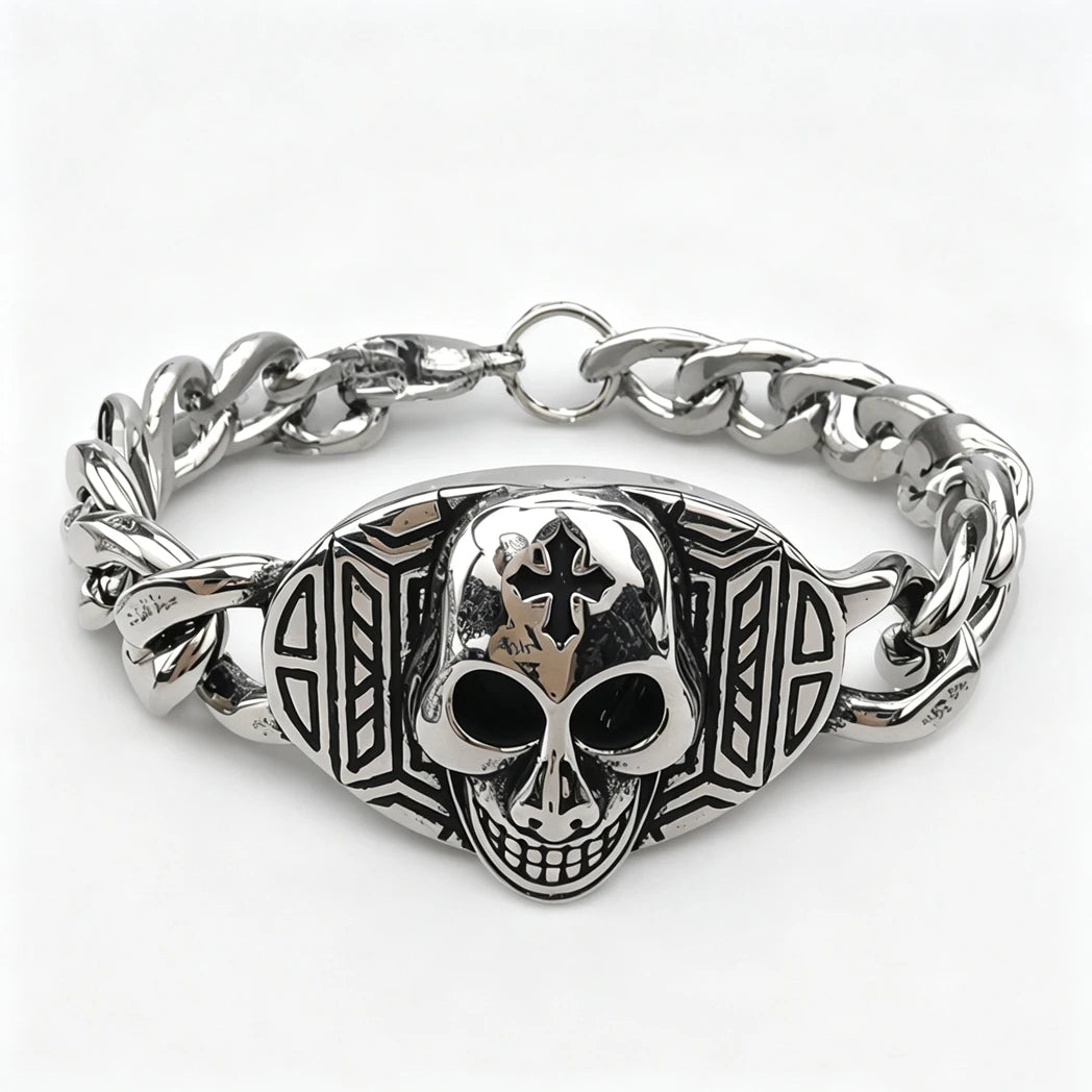 Vintage Men's Stainless Steel Bracelet Gothic Skull Celtic Knot Cross Cuban Chain Woven Braid Street Style Jewelry Gift