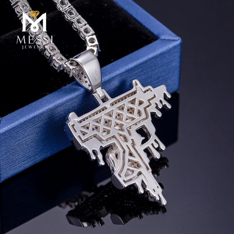 BiG-BOSS Messi Jewelry 925 Silver Jewelry Cz Stone Hip Hop Gun Pendant Necklace for Men