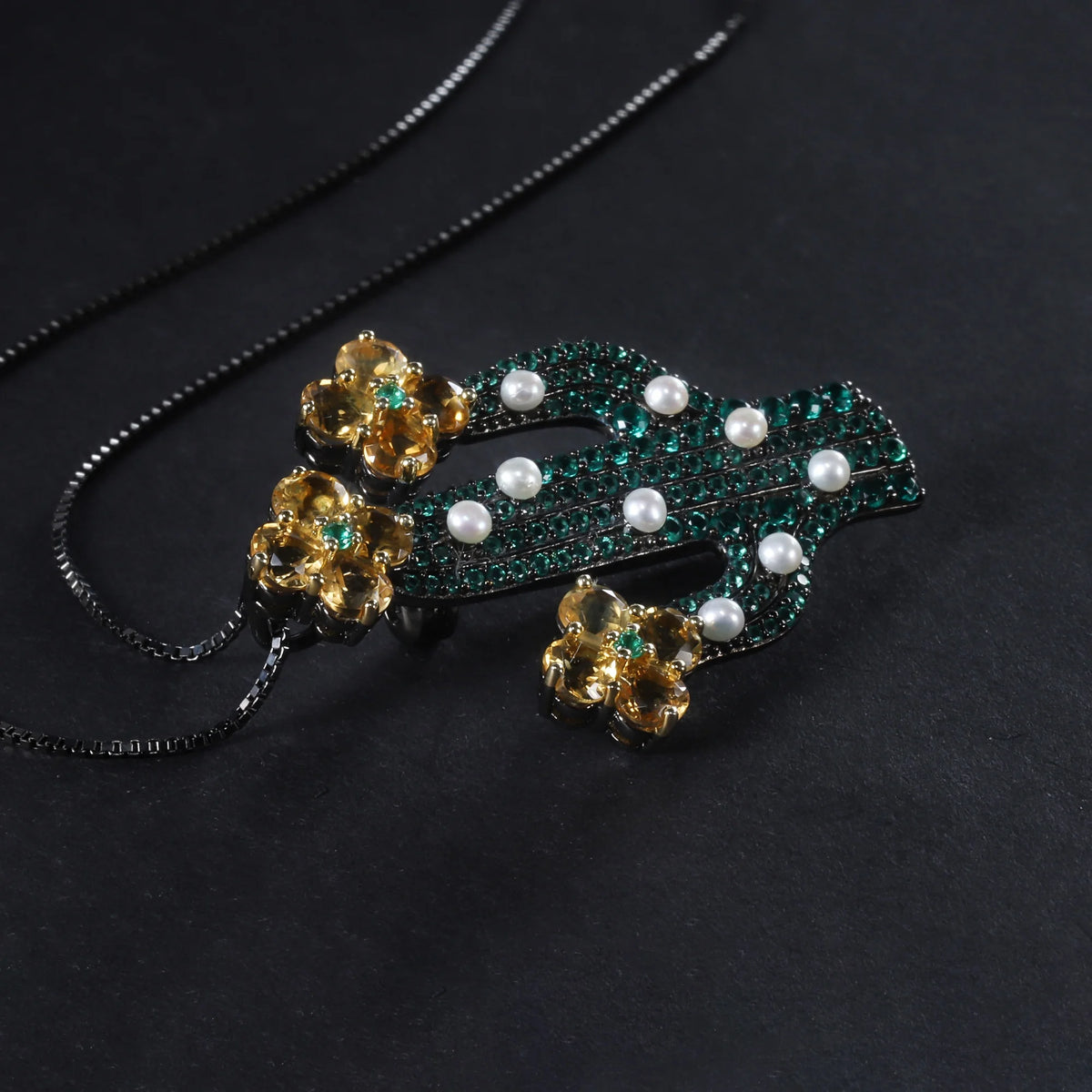 ArtistA Abiding Fine Jewelry Trendy Cactus Plant Citrine Flower Freshwater Pearl 925 Sterling Silver Brooch Pendant for Women