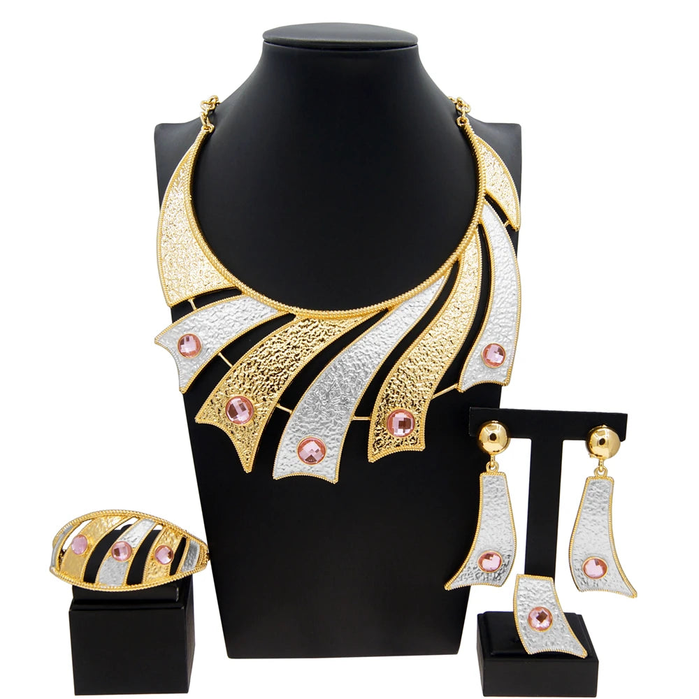 Zhuerru Italian Gold Plated Jewelry Set Pink Bead Necklace Bracelet Earrings Jewels Sets High Quality Fashion Woman Gift H00553