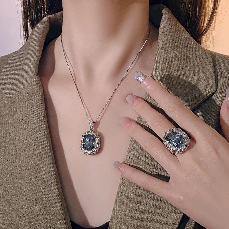REDheart Brass Inlaid Zircon Plating Two-Color Trendy Bird's Nest Cut Black Gray Temperament Women's Jewelry Set for Party