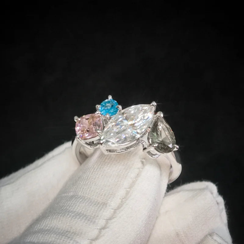 Gemfiori Fine Jewelry PT950 Marquise Cut Moissanite Sapphire Cocktail Colorful Gemstone Ring Pear Platinum Ring Pass Diamond Tester