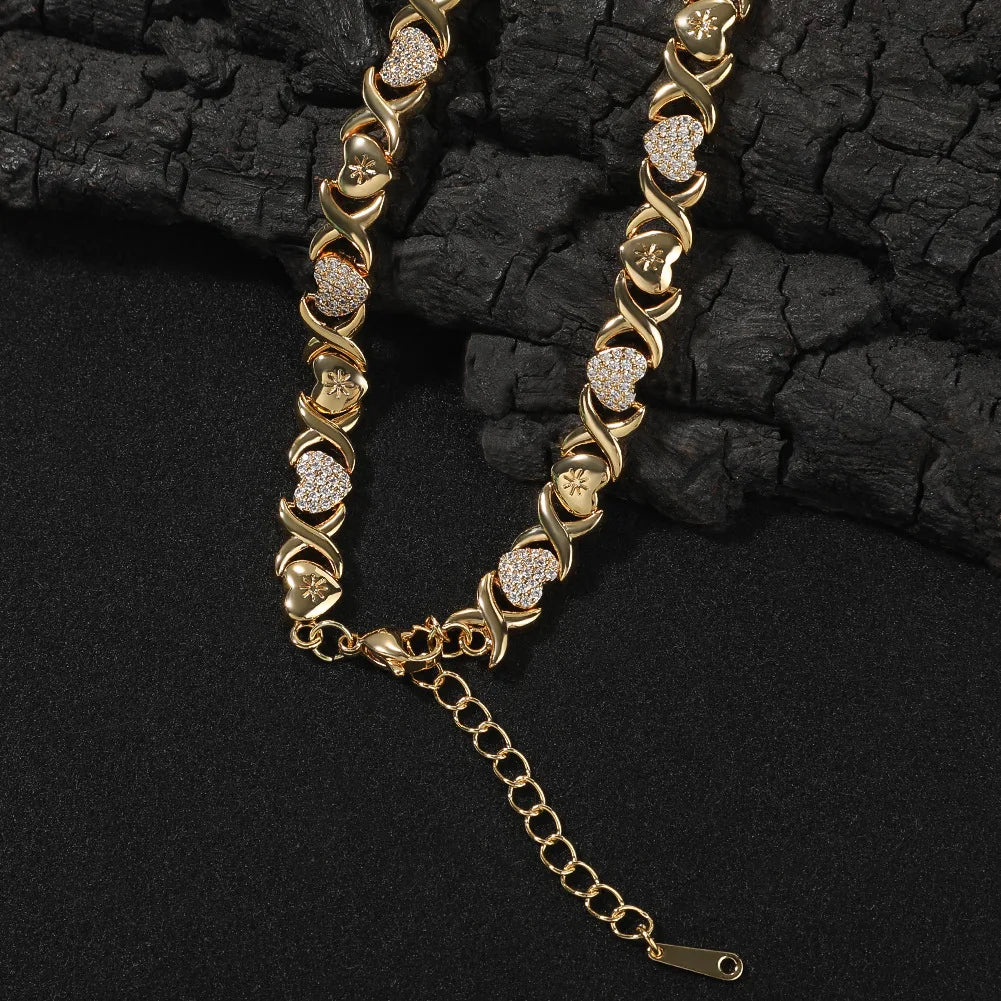 Fashion Gold Plated XOXO Hip Hop Necklace for Men and Women Micro Paved Zircon Heart Charm Choker Necklace