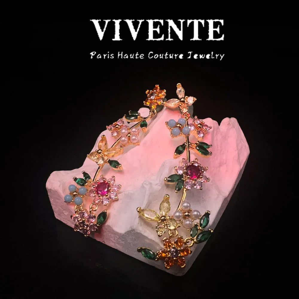 KS New Floral Colored Gemstone Jewelry Set: High-end, Light Luxury, American Niche Design, 24K Copper-plated Necklace, Bracelet