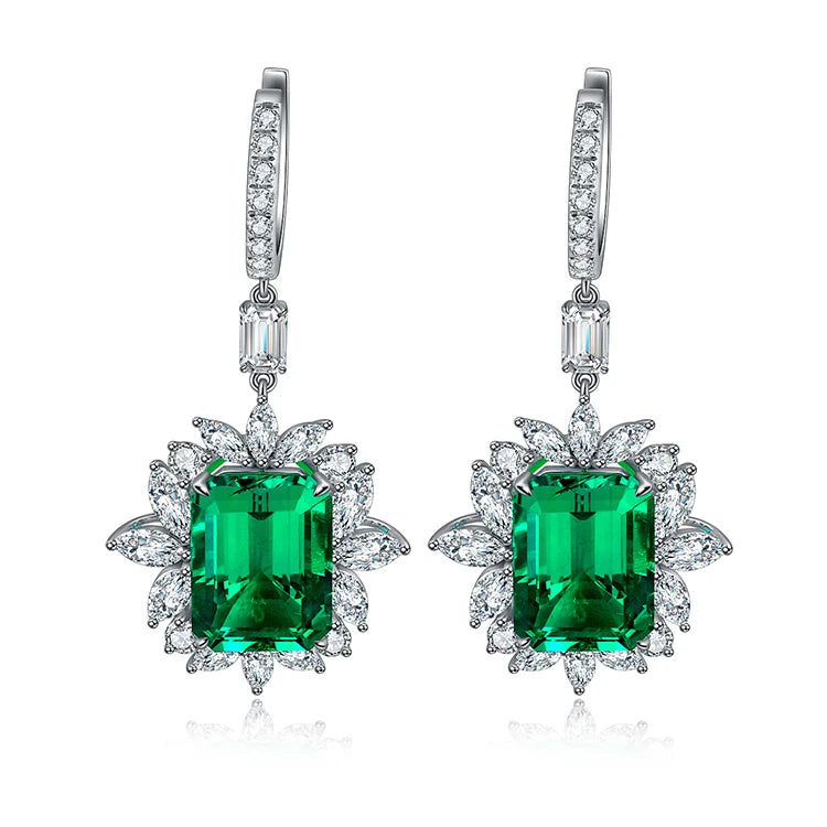 Gemfiori Handmade Vintage High-End K Solid Gold Dangle Drop Earrings Emerald Cut Emerald Statement Studs for Women for Anniversaries