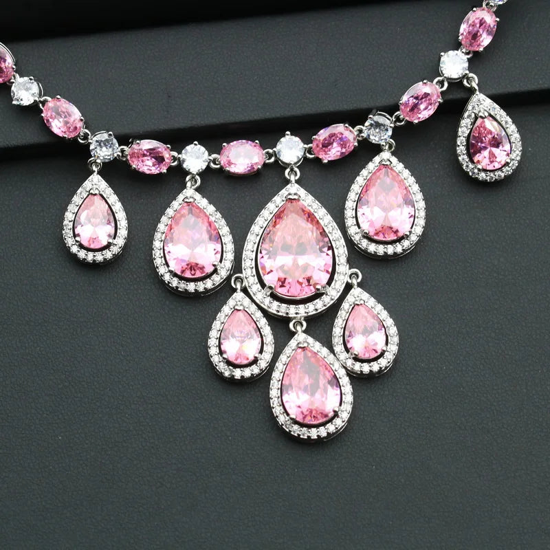Luxury Water Drop Pink Zircon Necklace for Women Figaro Chain Silver Jewelry for Bridal Wedding Party Wholesale Gift Option