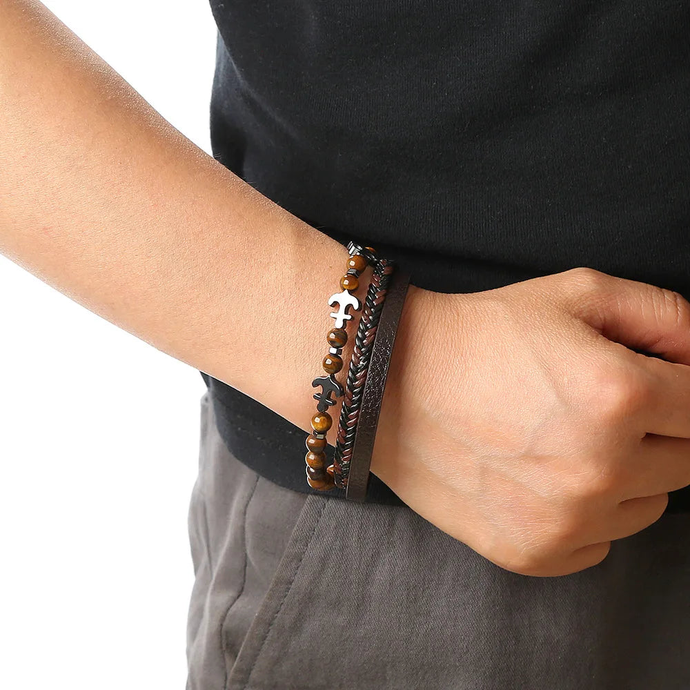 Fashion Jewelry Tiger Eye Beaded Bracelet Stainless Steel Magnet Leather Handmade Natural Gemstone Punk Bracelet for Men Jewelry