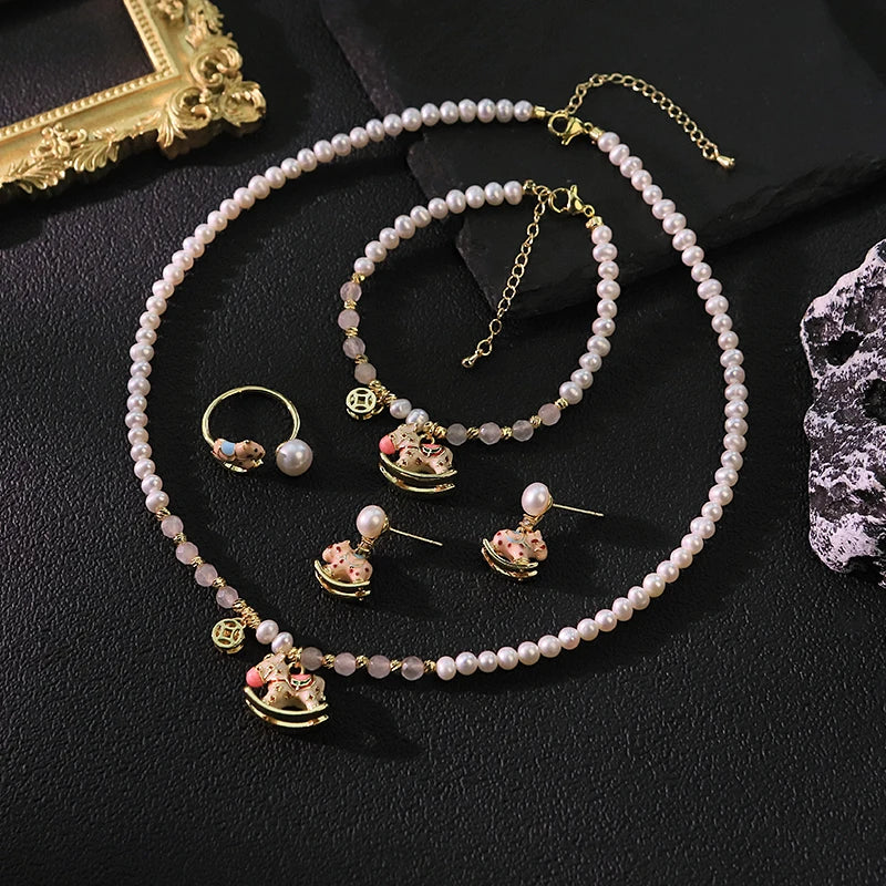 Natural Freshwater Pearl Pink Rocking Horse Jewelry Set for Women Birthday Gift Necklace Bracelet Earrings Ring Dainty Jewelry