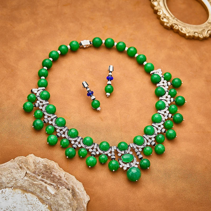 Oriental Retro Green Bead Brass Evening Dress Necklace Earrings Accessories Gorgeous Personalized Banquet Party Women's Set