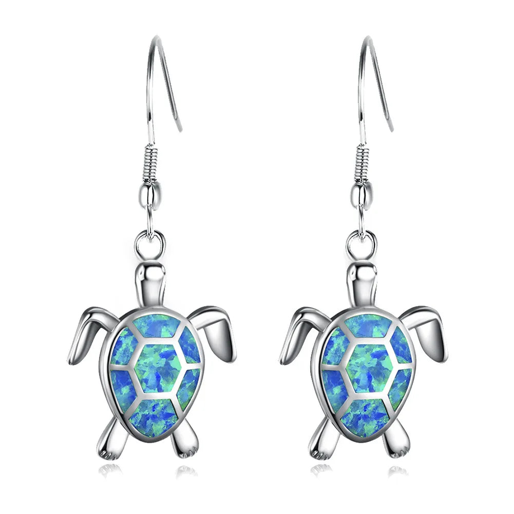 Ocean Vacation Vibes Blue Aobao Opal Sea Turtle Bohemian Christian Pendant Earrings Silver Plated Women's TikTok Top Seller