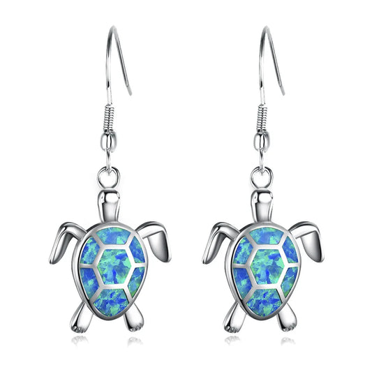 Ocean Vacation Vibes Blue Aobao Opal Sea Turtle Bohemian Christian Pendant Earrings Silver Plated Women's TikTok Top Seller
