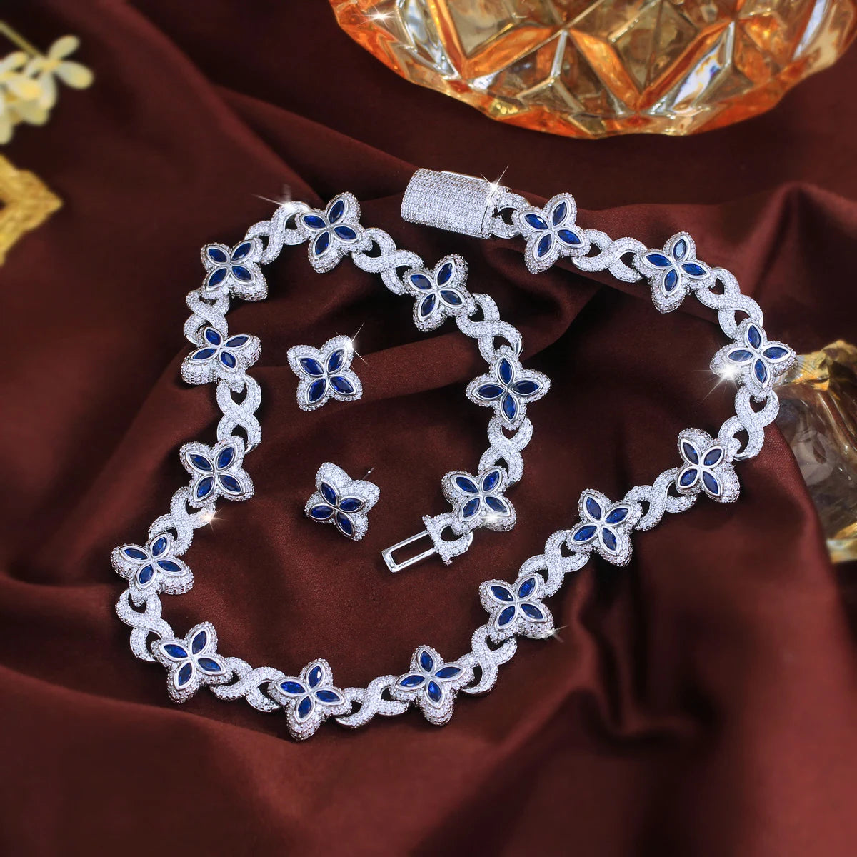 Hip Hop Jewelry Sapphire Blue 4 Leaf Clover Flower Necklace and Earrings Cubic Zircon Cuban Link Chain Jewelry Set for Women Man