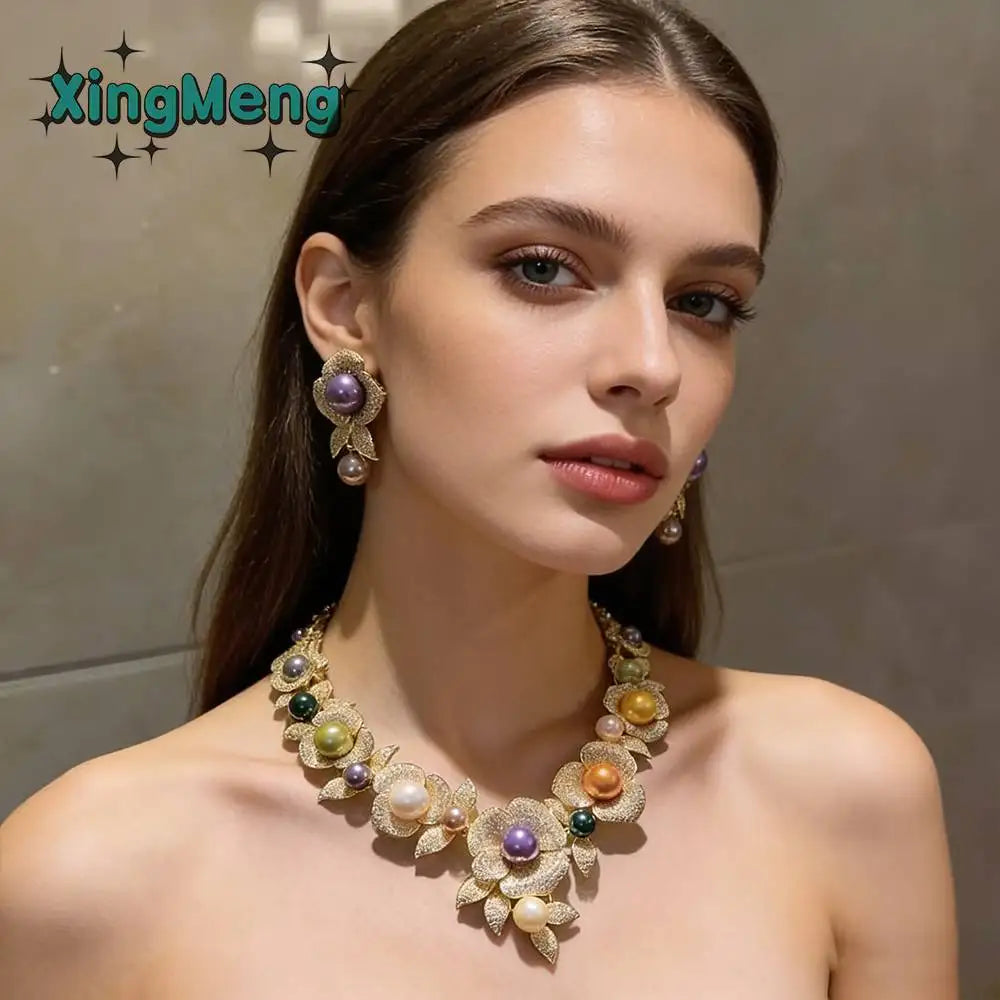 XM S206 Platinum Plated Gold Tone Multi Color Imitation Pearl Flower Statement Necklace Earrings Set for Anniversary Gift