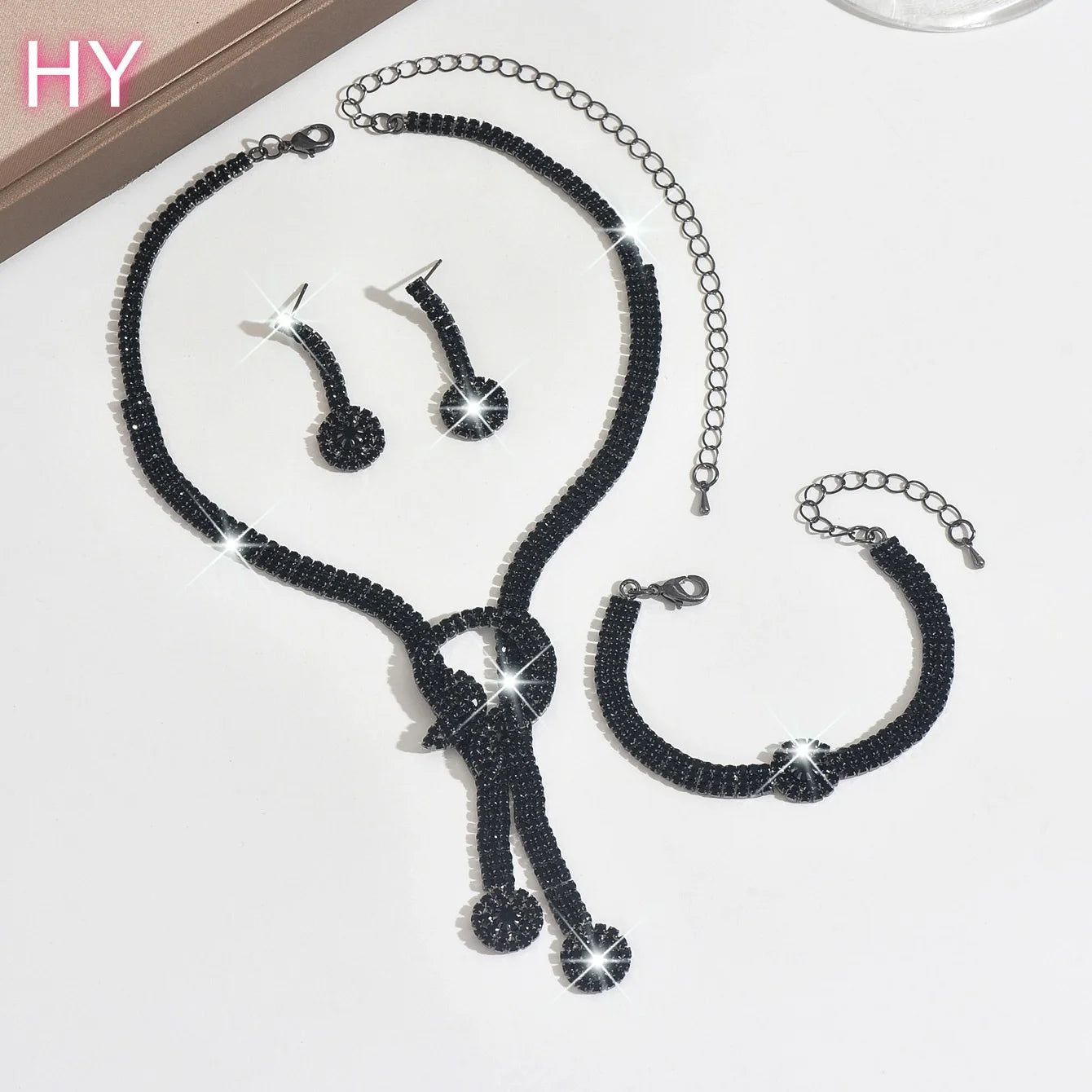 HY New European American Style Rhinestone Tassel Knot Women's Bridal Earrings Necklace Bracelet Jewelry Set