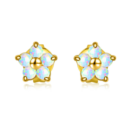 Flower Opal Stud Earrings - Blue Fire Opal Eye Detail Design | Playful Daily Jewelry Bulk Gifts